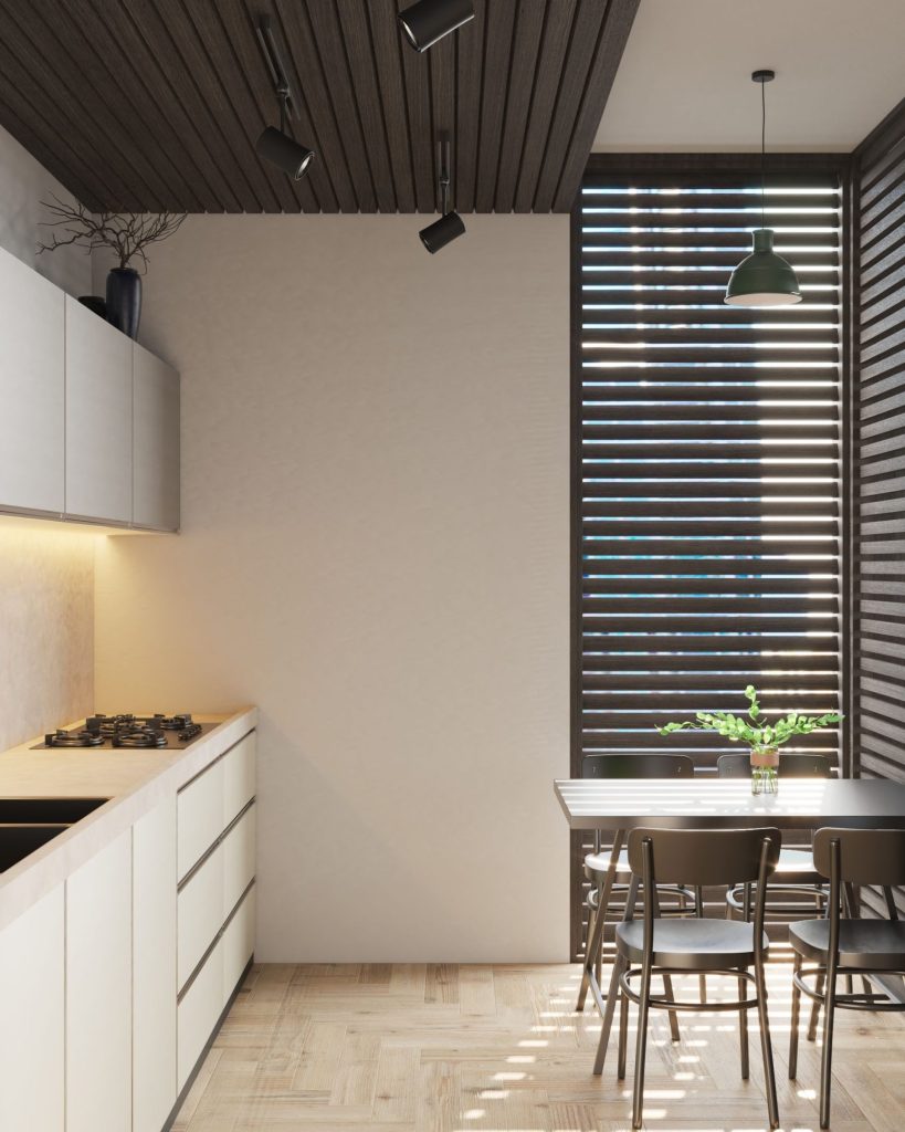 Stylish kitchen with minimalist design, wood accents and natural light.