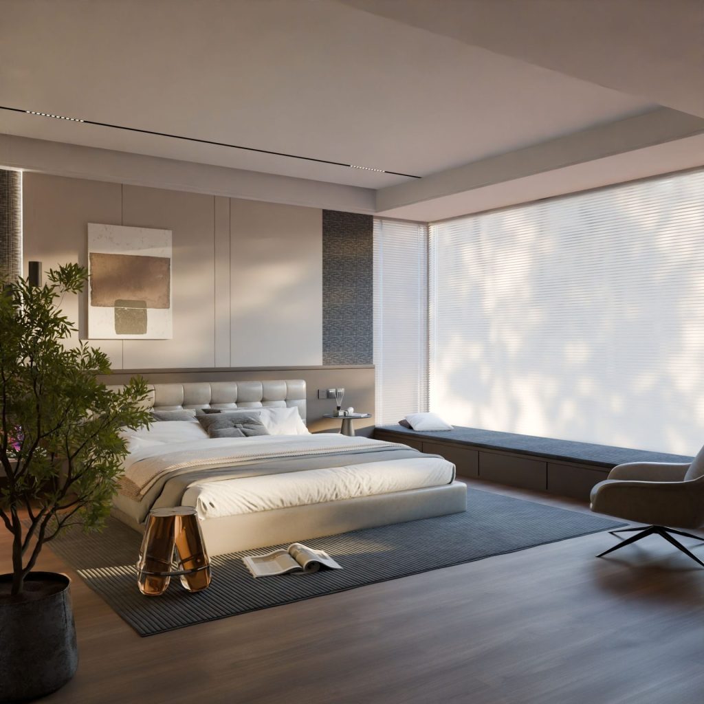 Spacious modern bedroom with minimalist design and abundant natural light.