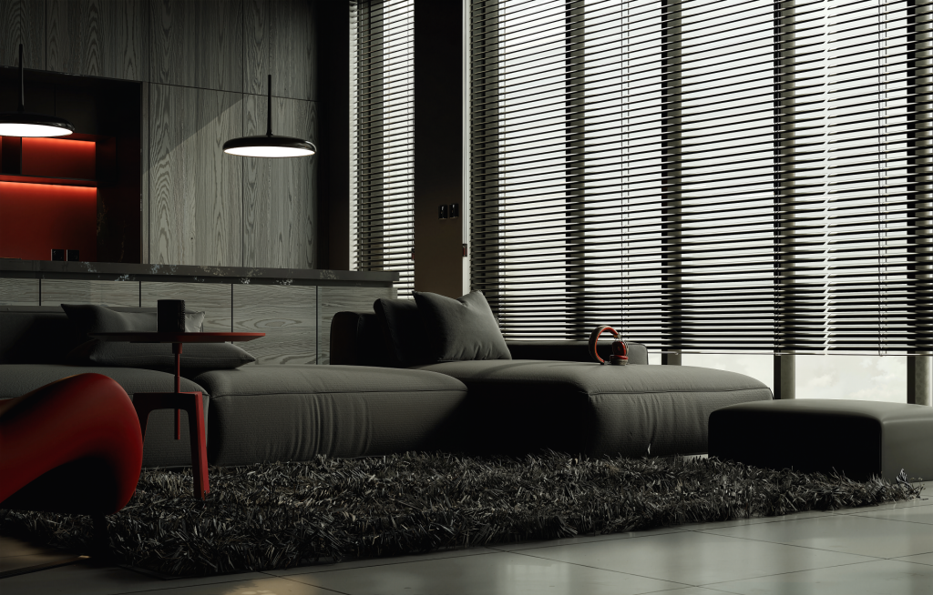 Contemporary living room featuring sleek furniture and large windows with blinds.