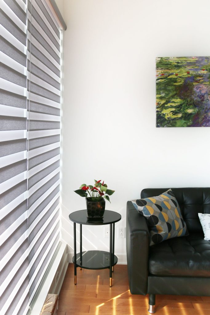 A modern living room featuring a leather couch, potted plant, and abstract artwork.